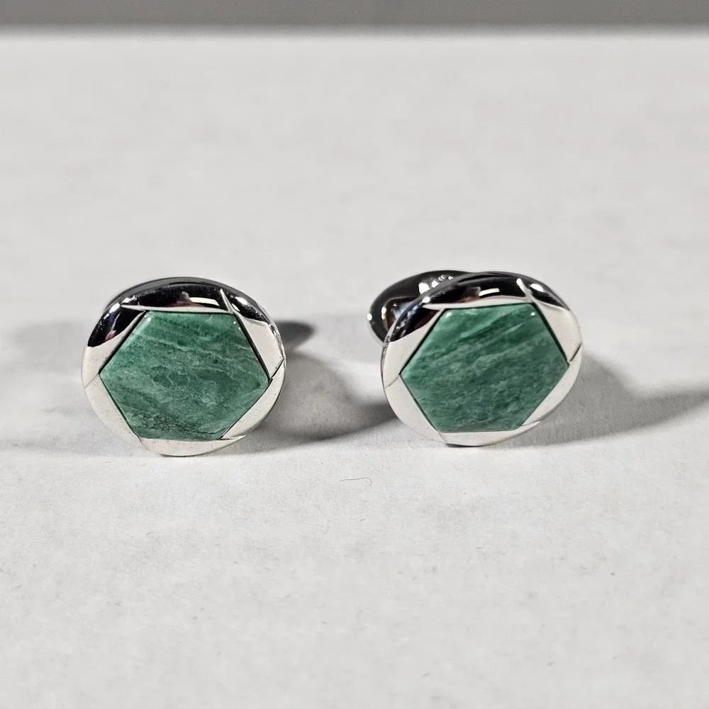 Jan Leslie Cufflinks Mens OS Green Sterling Silver‎ 925 Hexagon Stone Inlay